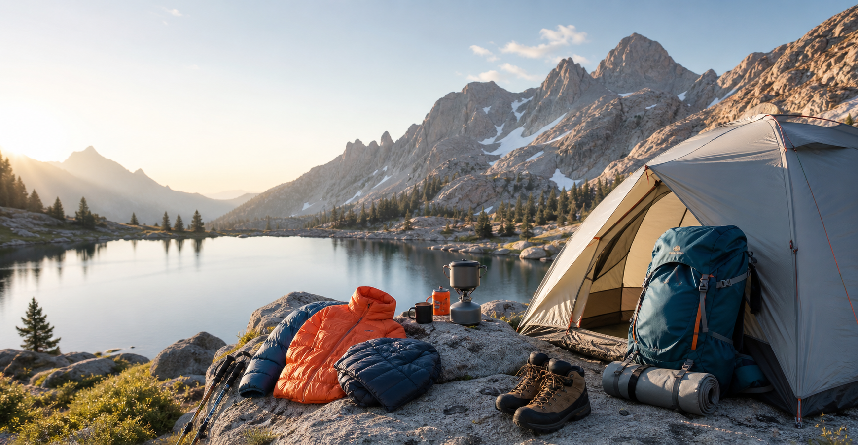 Premium camping and hiking gear beside an alpine lake
